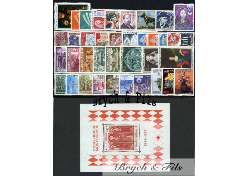 1973 MONACO ANNEE COMPLETE TIMBRES POSTE P.A. N°96 B.F. N°7 xx