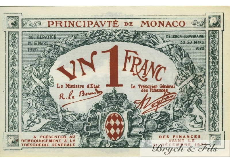 Billet Monaco 1 fr bleu série A 1920 Sans Numero