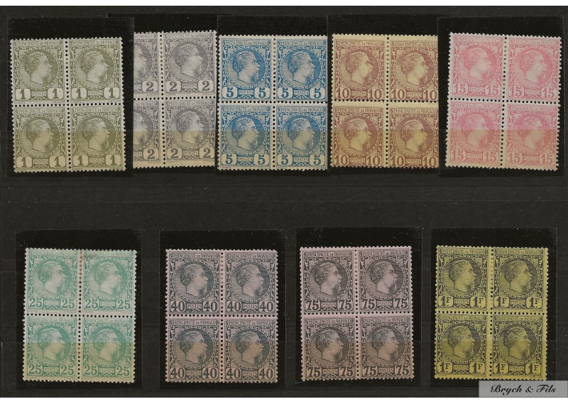 1885 MONACO N°1 AU 9 TIMBRES POSTE PRINCE CHARLES III EN BLOC DE 4