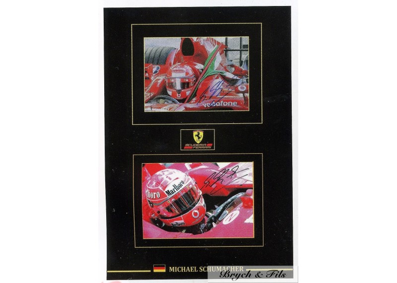 2 Autographes Photos Dédicacées Michael Schumacher dans sa F1 Ferrari
