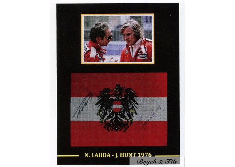 Autograph Austrian Flag Niki Lauda and James Hunt F1 1976