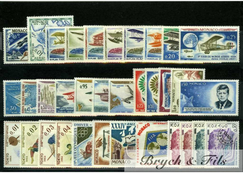 1964 MONACO ANNEE COMPLETE TIMBRES POSTE P.A. N°82/83 Préo N° 23/26 x